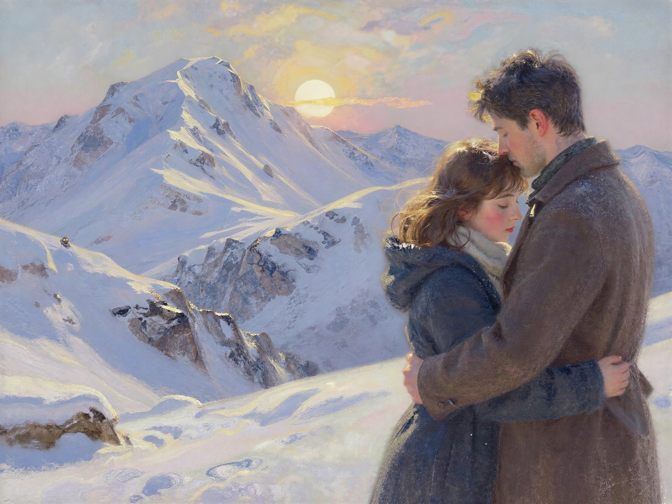 Couple Embracing in Snowy Mountain Sunset Scene