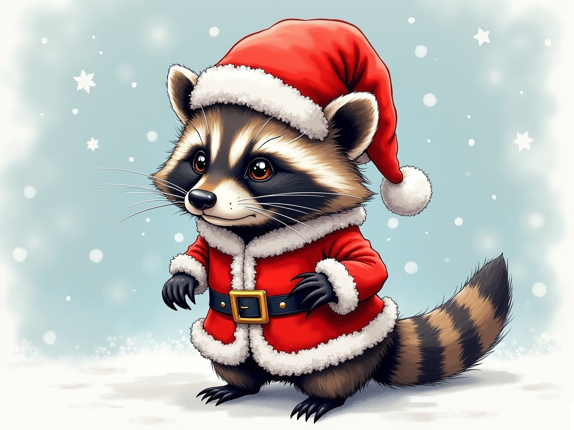 Cartoon Raccoon in Santa Outfit in Snowy Scene