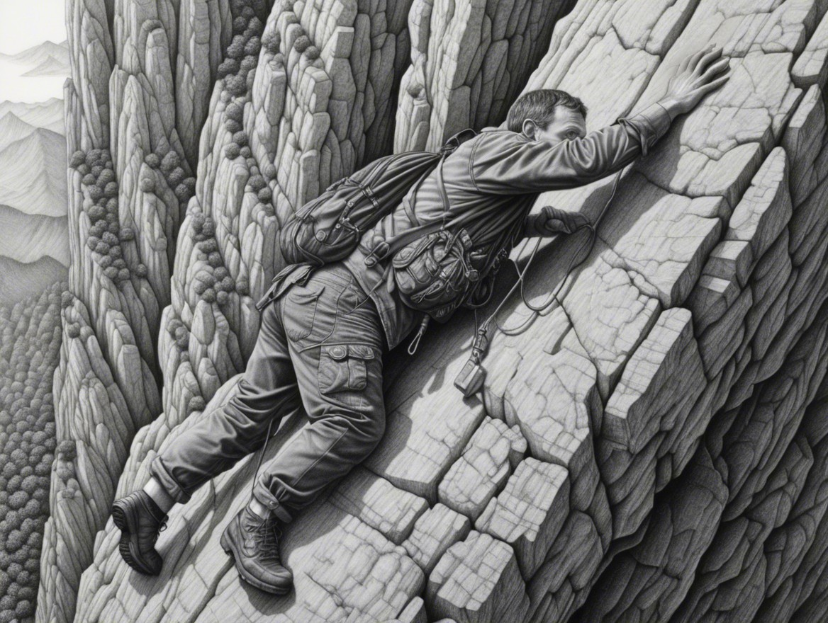Climber Navigating Steep Cliff in Mountainous Terrain