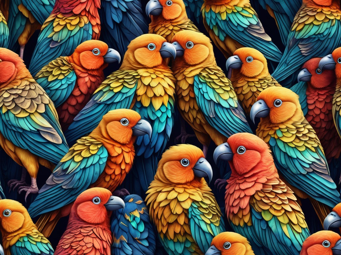 Colorful Array of Vibrant Parrots with Intricate Feathers