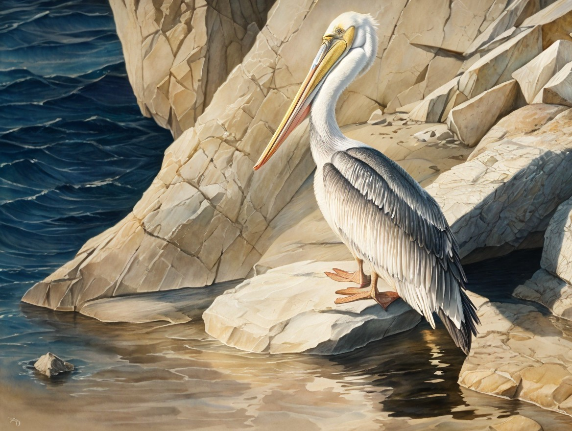 Pelican with long beak and throat pouch on rocky shoreline.