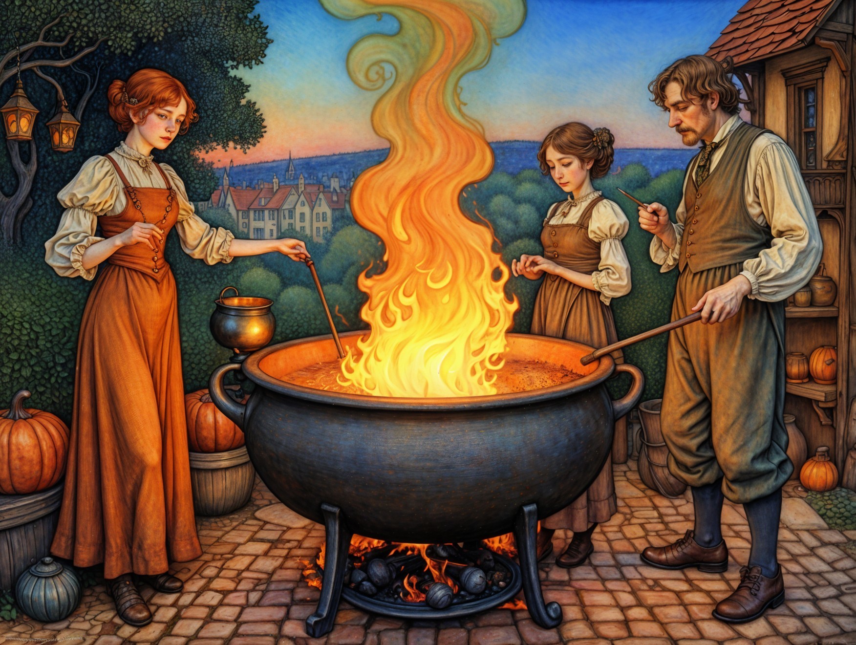 Illustrated Twilight Scene with Figures and Cauldron