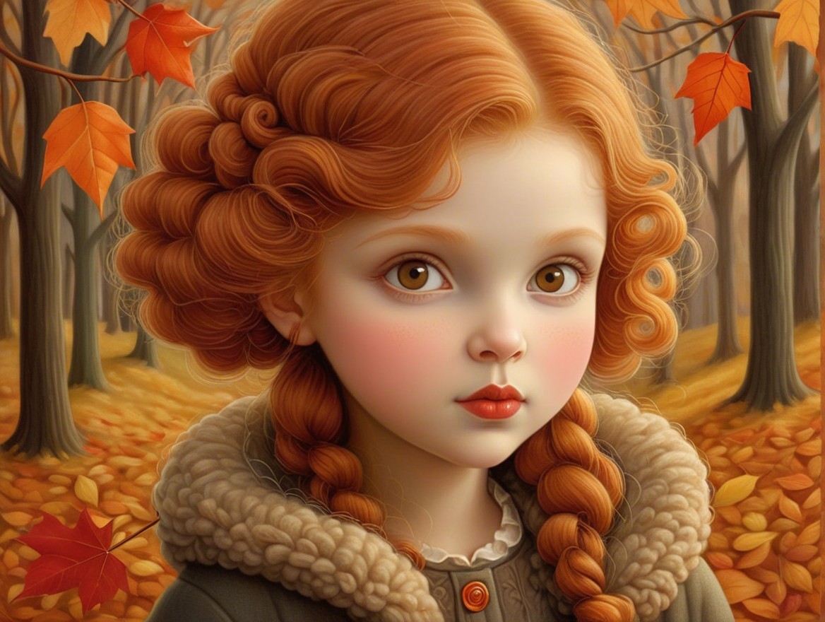 Young girl with red hair in autumn forest setting