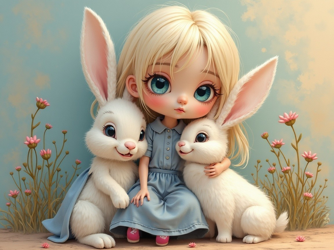 Girl with Rabbits in a Whimsical Garden Setting