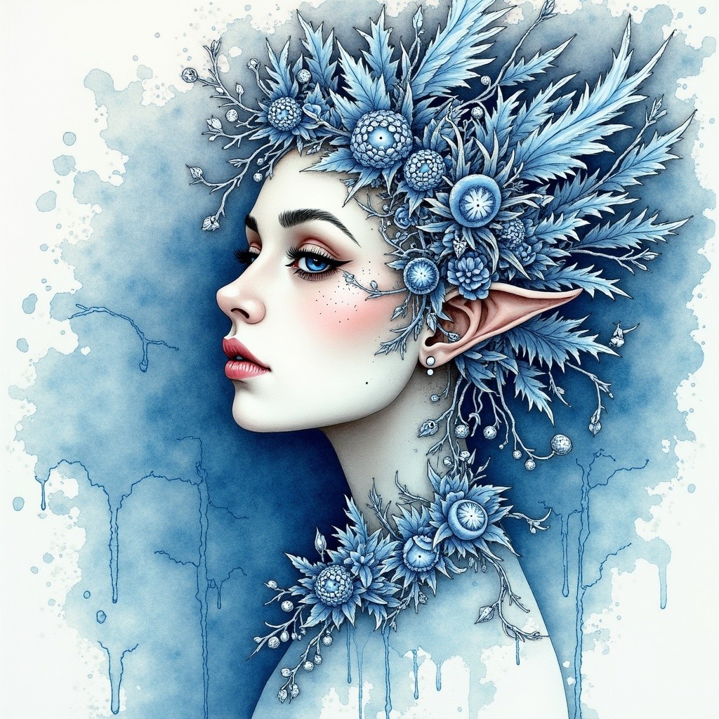 Ethereal Figure with Blue Eyes and Floral Elements
