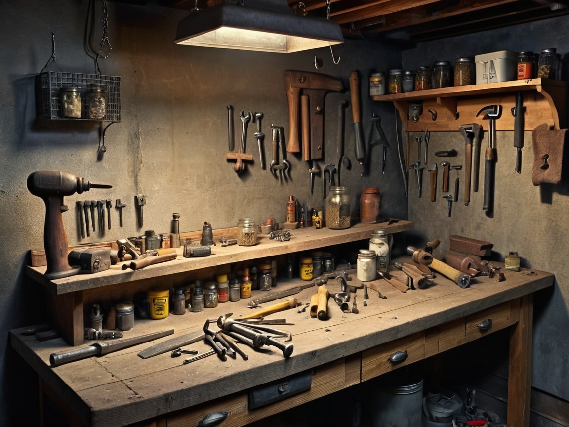 Rustic Workshop with Hand Tools and Organized Shelves