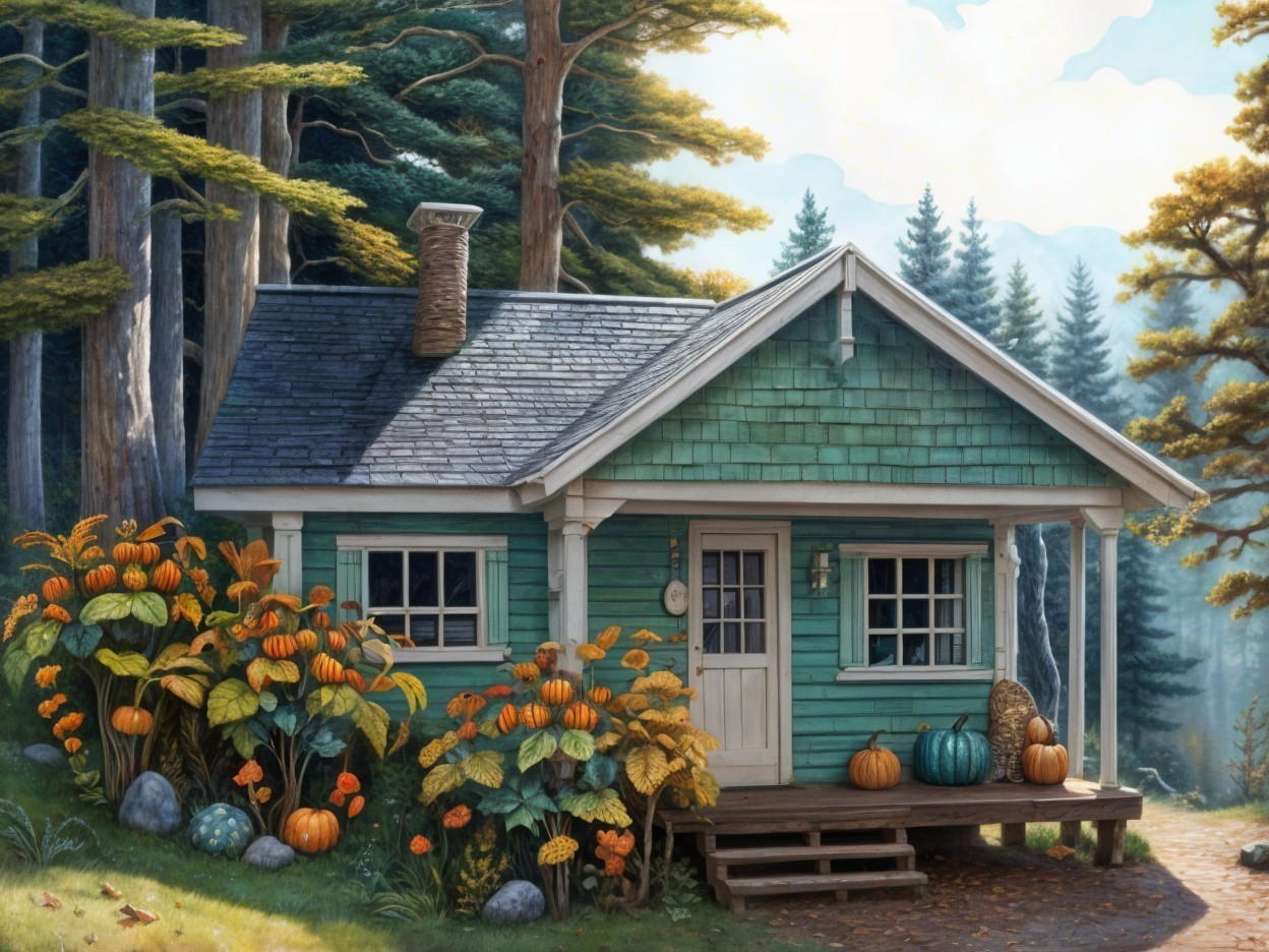 Teal Cottage Surrounded by Autumn Foliage and Trees