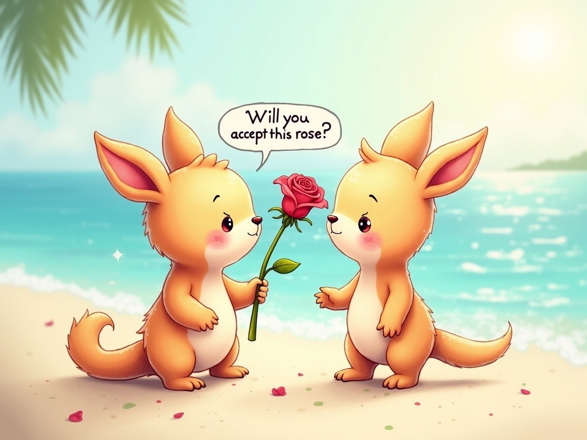 Cartoon Creatures Play on a Sunny Beach with Rose