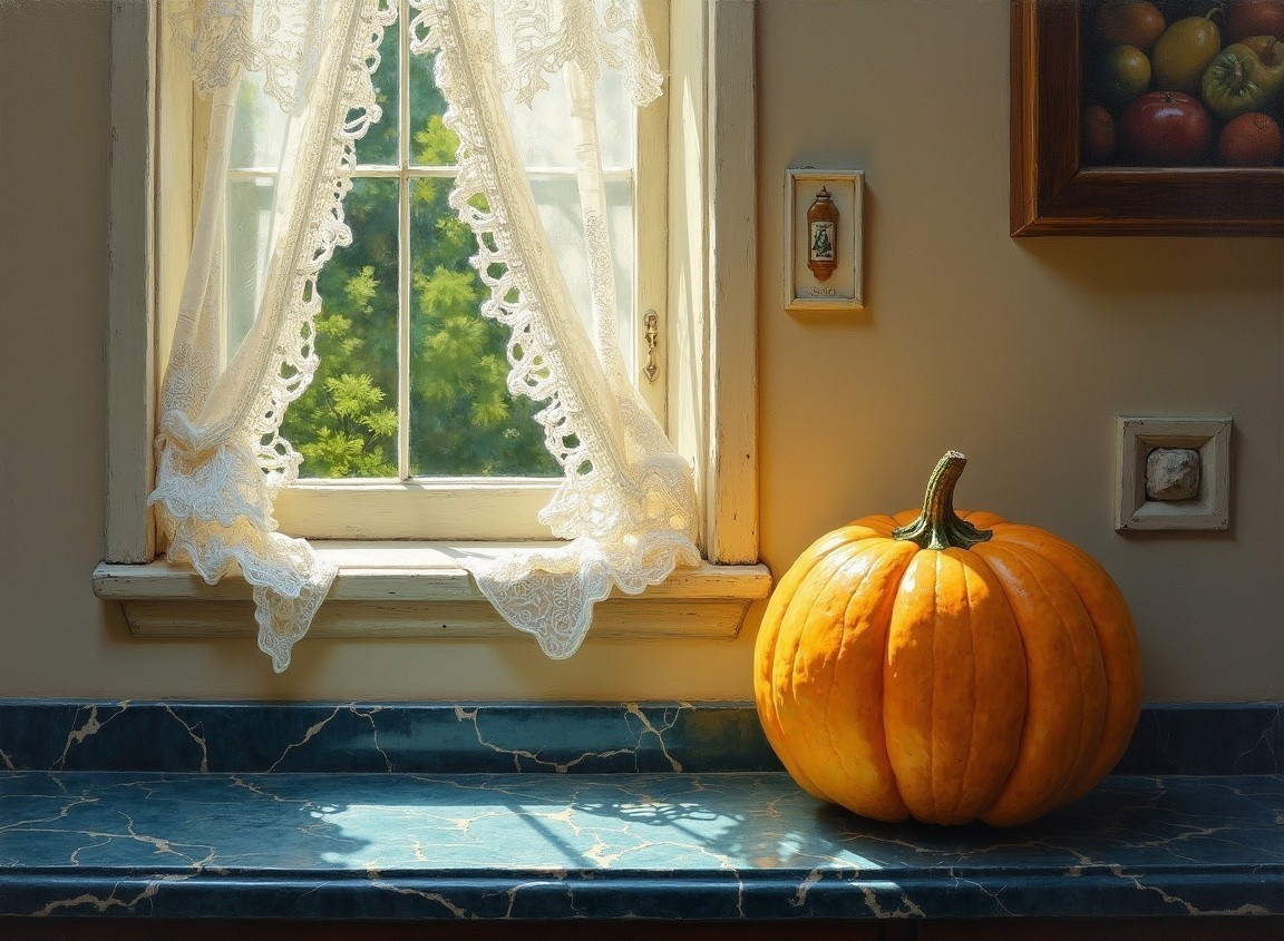 Bright Kitchen Corner with Orange Pumpkin and Sunlight