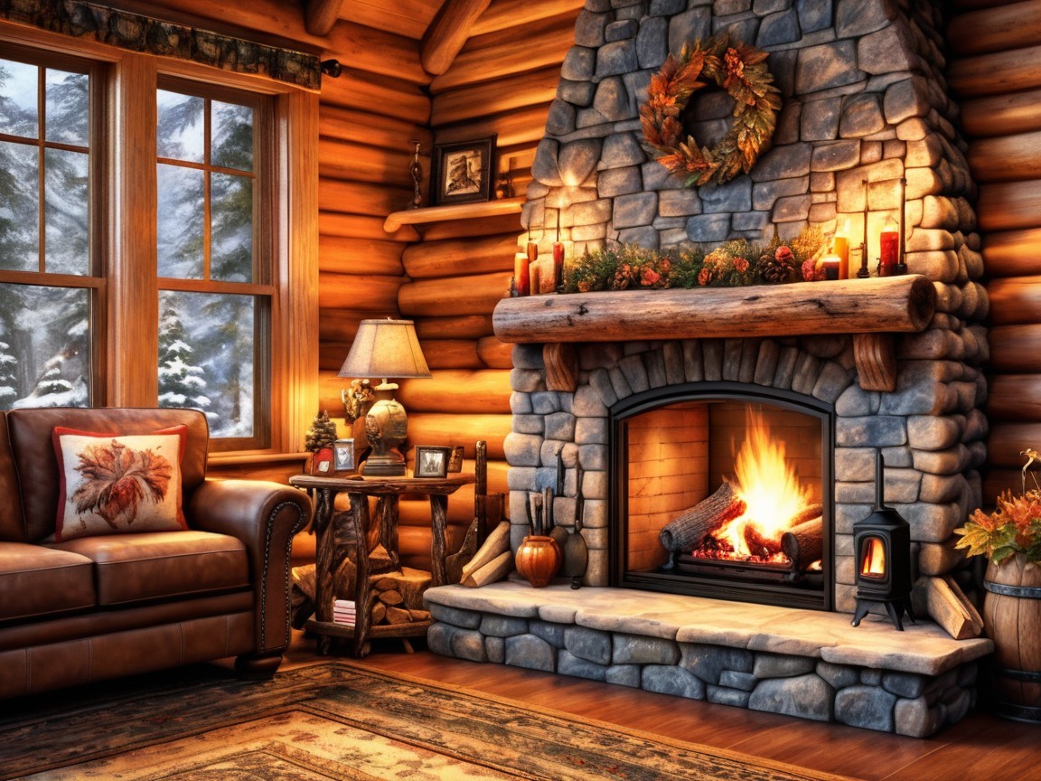 Cozy Log Cabin Interior with Rustic Fireplace Decor
