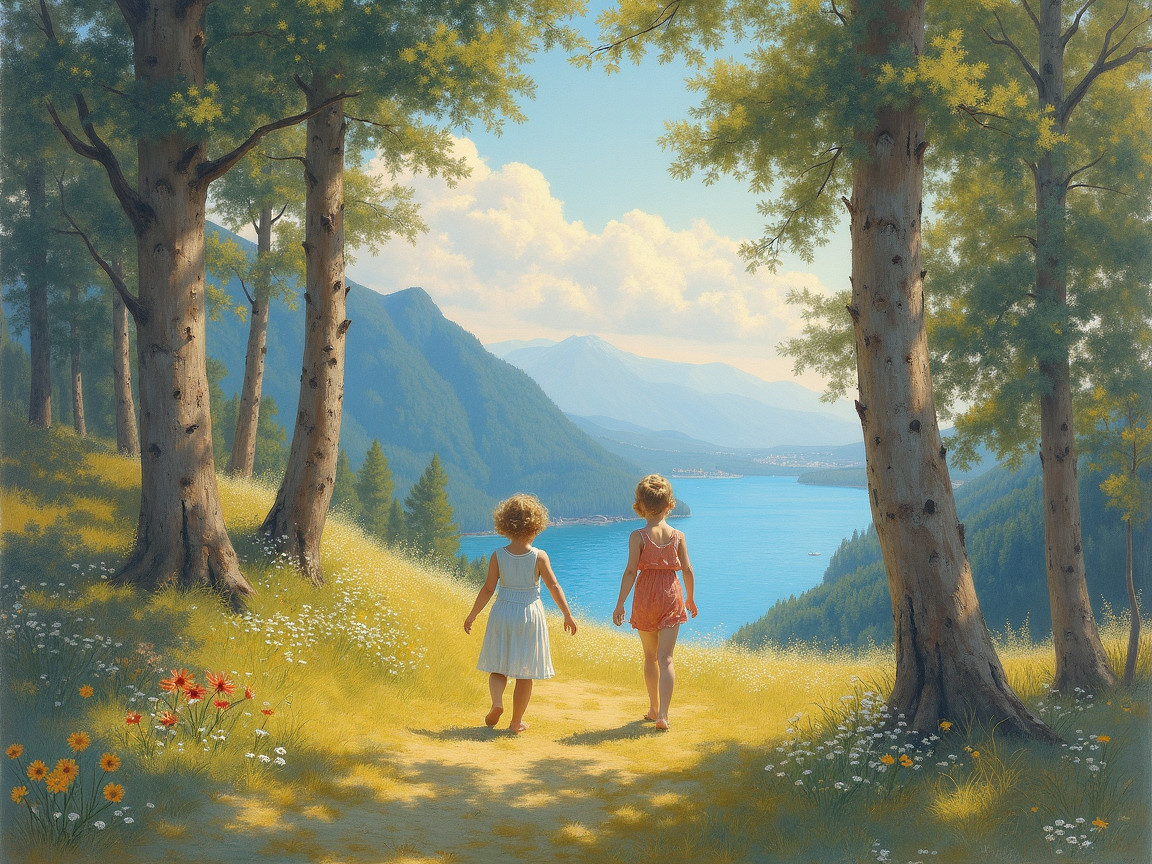 Young girls walking by a serene lake and mountains