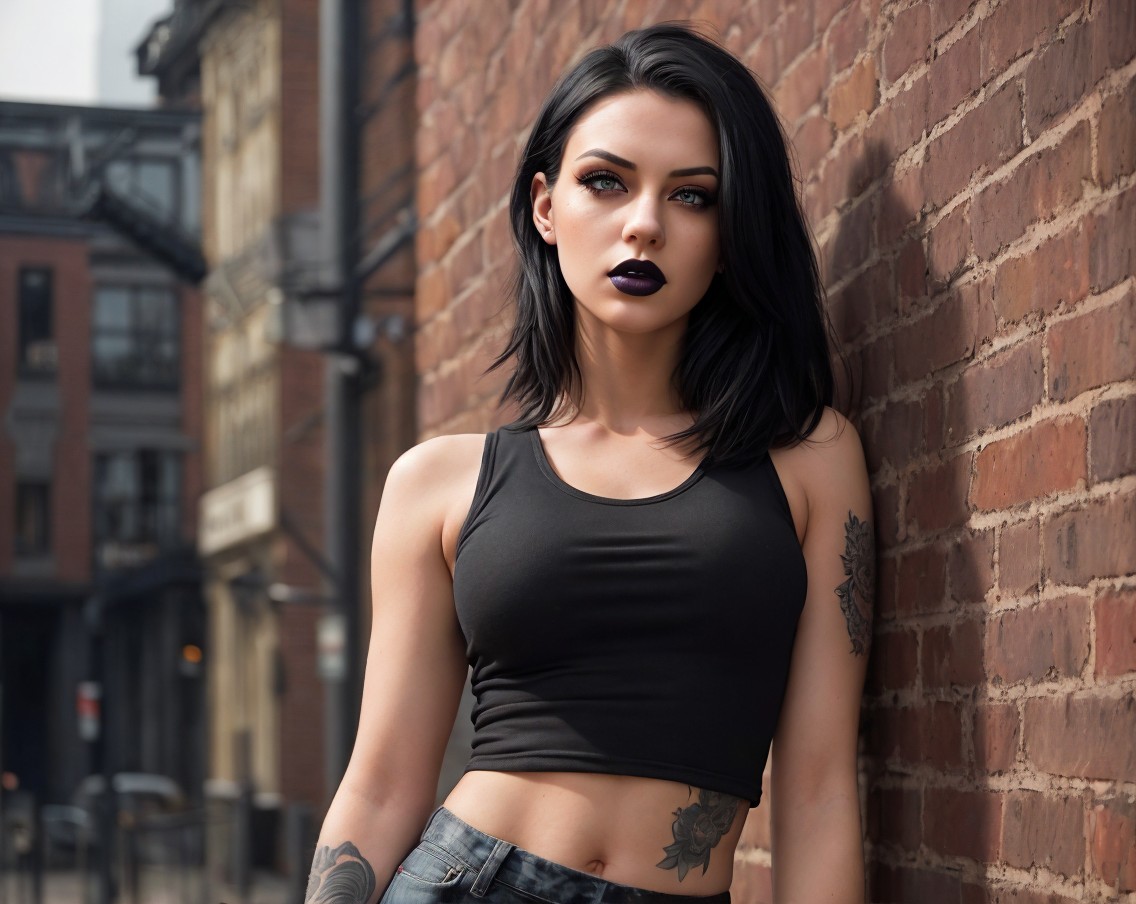 Young woman with dark hair poses by brick wall