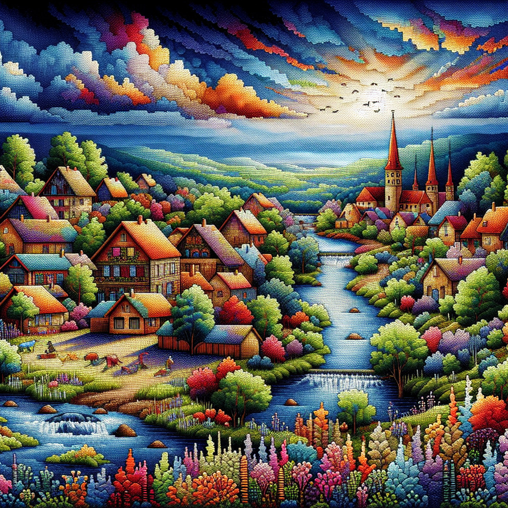 Charming Village Landscape by a Serene River at Sunset