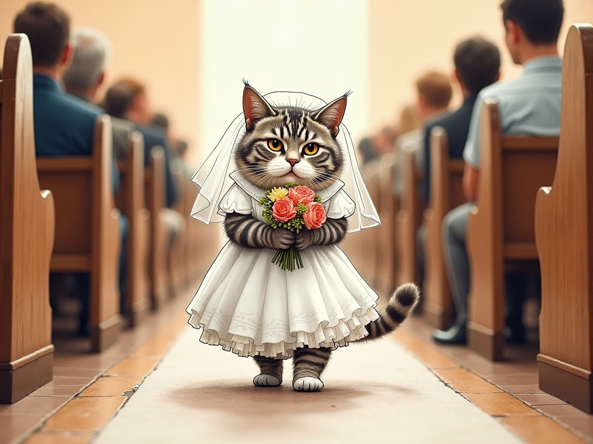 Cat Bride in Wedding Dress at Church Ceremony