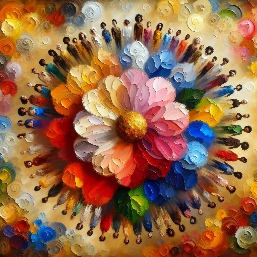 Vibrant Flower Artwork with Colorful Surrounding Figures