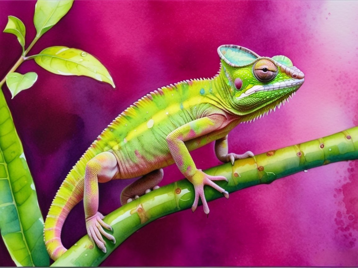 Vibrant Chameleon on Green Branch with Pink Background