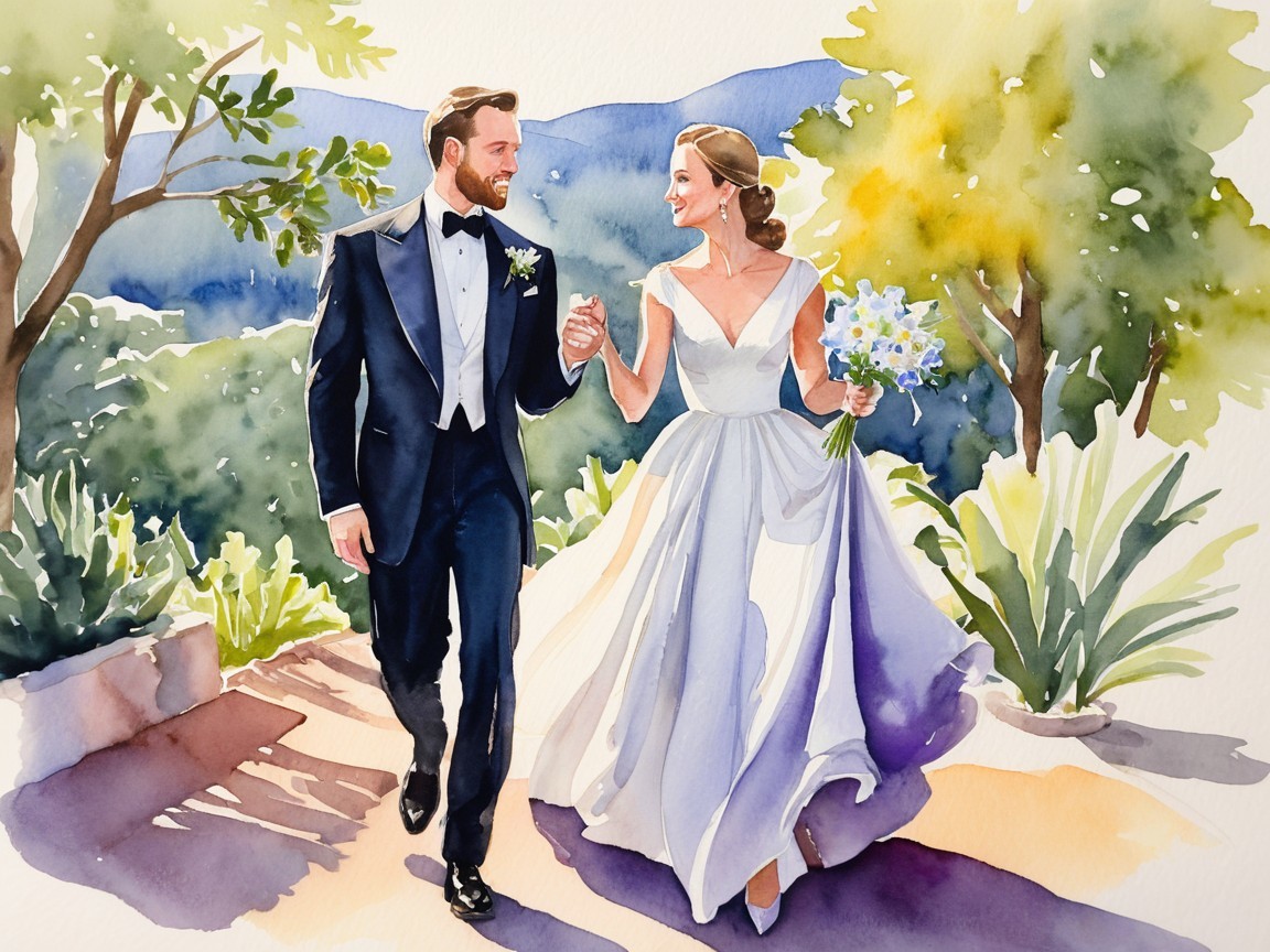 Joyful couple in watercolor amidst lush greenery