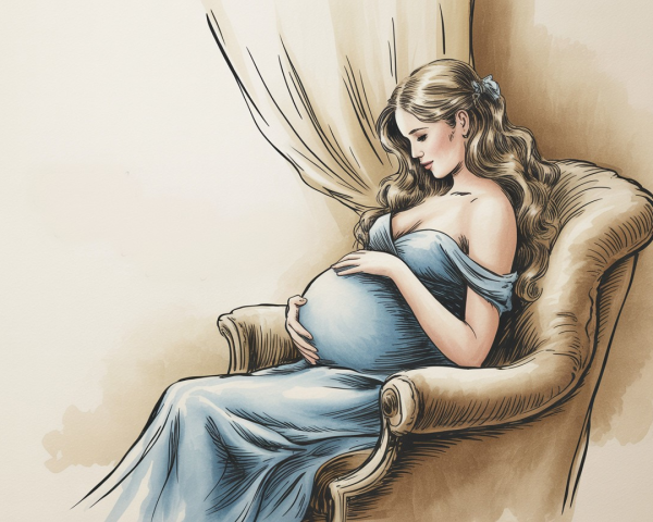Pregnant Woman in Elegant Chair with Soft Blue Gown