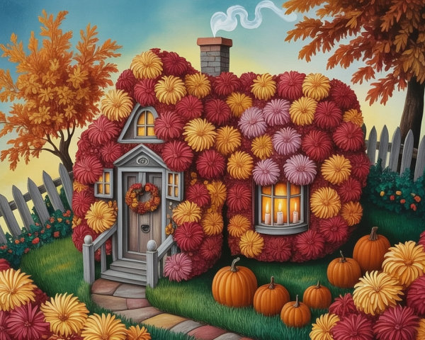 Whimsical Cottage in Autumn Landscape with Flowers