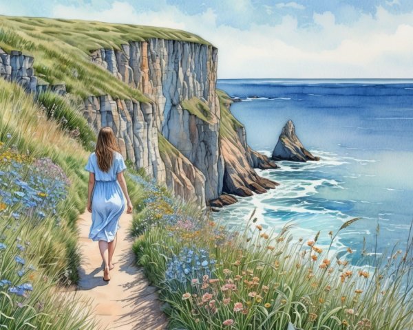 Coastal Scene with Woman on Grassy Pathway and Cliffs