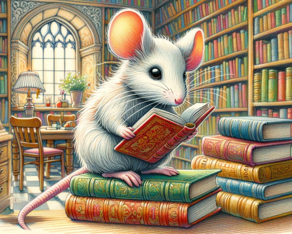 Fluffy White Mouse Reading in Grand Library Setting