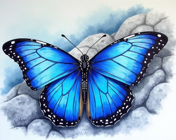 Illustration of a large blue butterfly on rocks