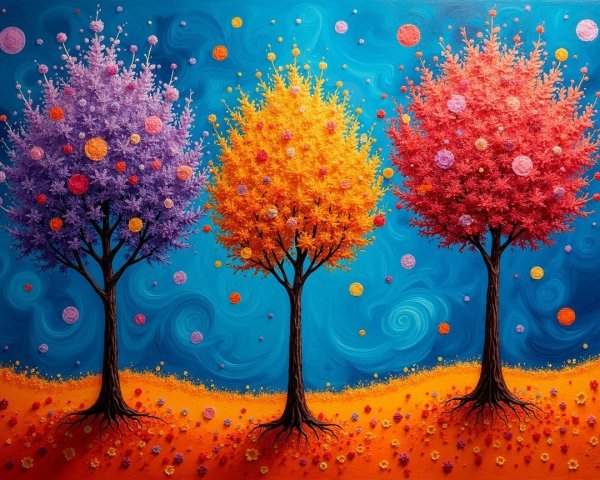 Vibrant Landscape with Colorful Trees and Orbs