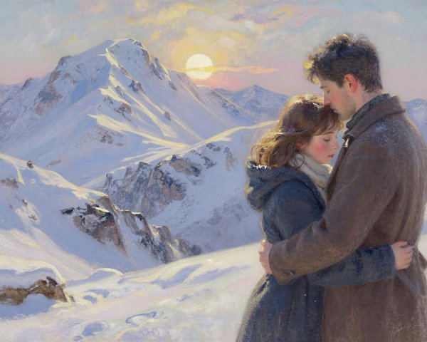 Couple Embracing in Snowy Mountain Sunset Scene
