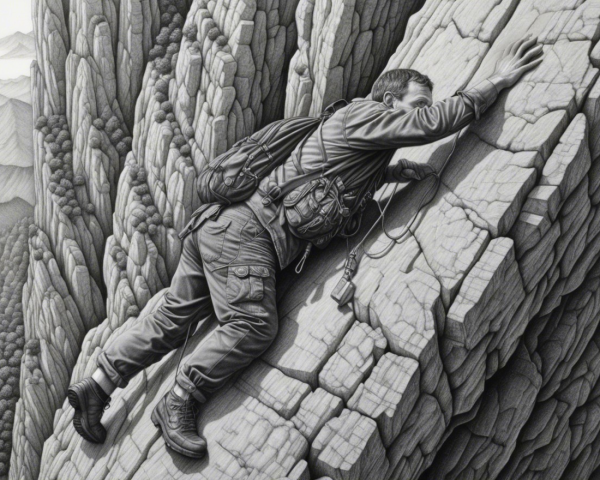 Climber Navigating Steep Cliff in Mountainous Terrain