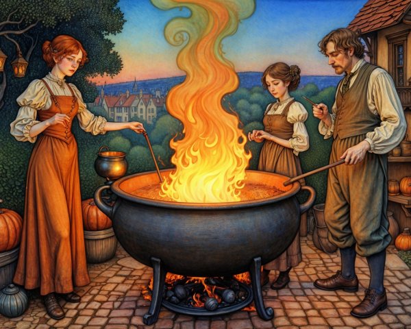 Illustrated Twilight Scene with Figures and Cauldron