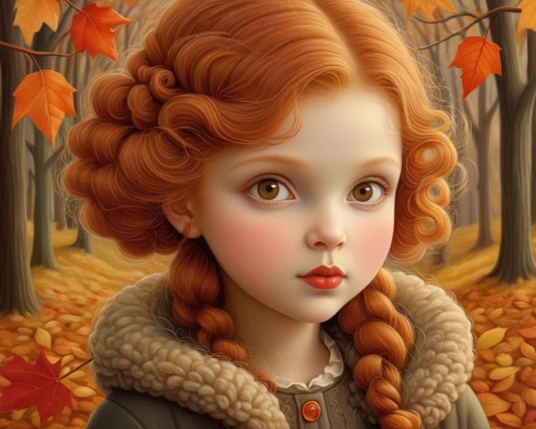 Young girl with red hair in autumn forest setting