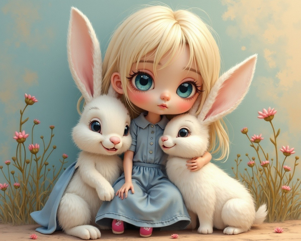 Girl with Rabbits in a Whimsical Garden Setting