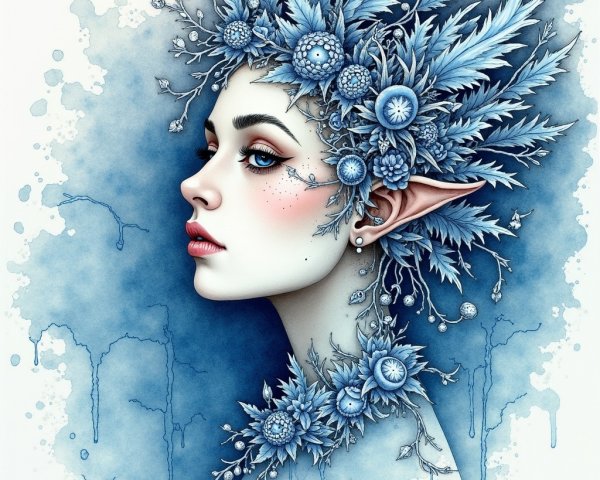 Ethereal Figure with Blue Eyes and Floral Elements