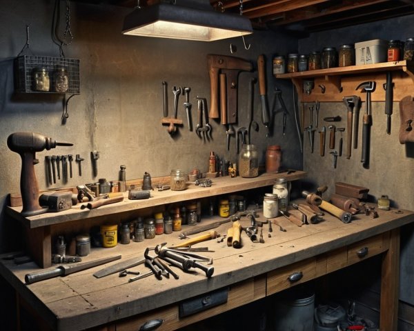 Rustic Workshop with Hand Tools and Organized Shelves