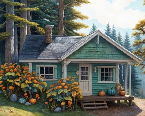 Teal Cottage Surrounded by Autumn Foliage and Trees