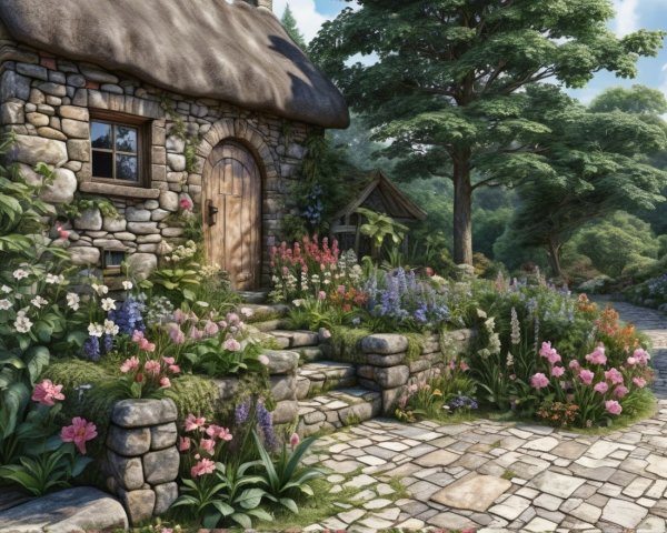 Charming Stone Cottage Surrounded by Flower Gardens