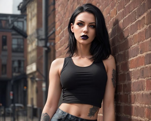 Young woman with dark hair poses by brick wall