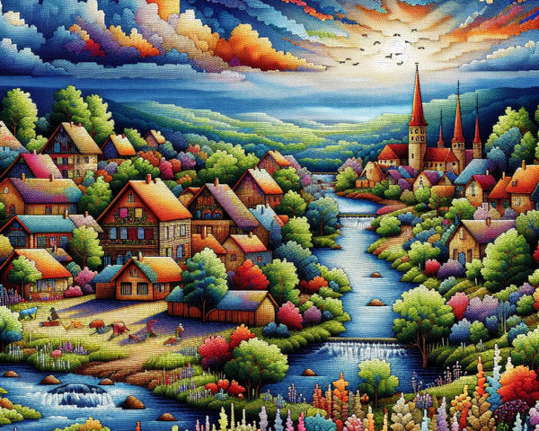 Charming Village Landscape by a Serene River at Sunset