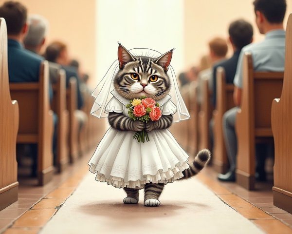 Cat Bride in Wedding Dress at Church Ceremony