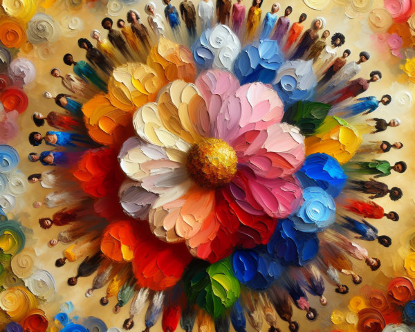 Vibrant Flower Artwork with Colorful Surrounding Figures