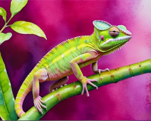 Vibrant Chameleon on Green Branch with Pink Background