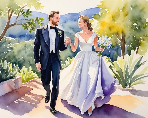 Joyful couple in watercolor amidst lush greenery