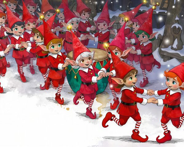 Cartoon Elves in Santa Costumes on Snowy Track