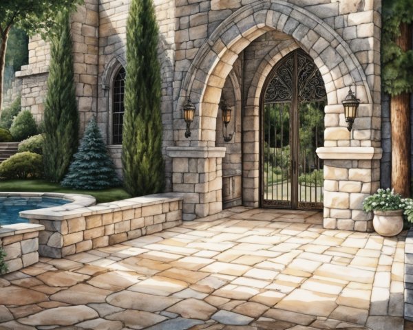 Stone Archway Entrance with Pool and Lush Greenery
