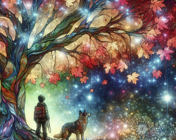 Whimsical Scene of Child and Dog Under Colorful Tree