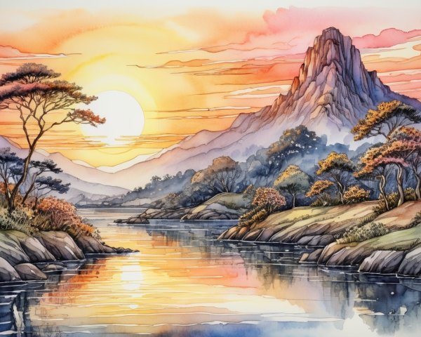 Serene Sunset Landscape with Mountains and Riverbank