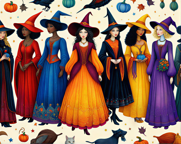 Diverse Witches in Colorful Attire for Halloween
