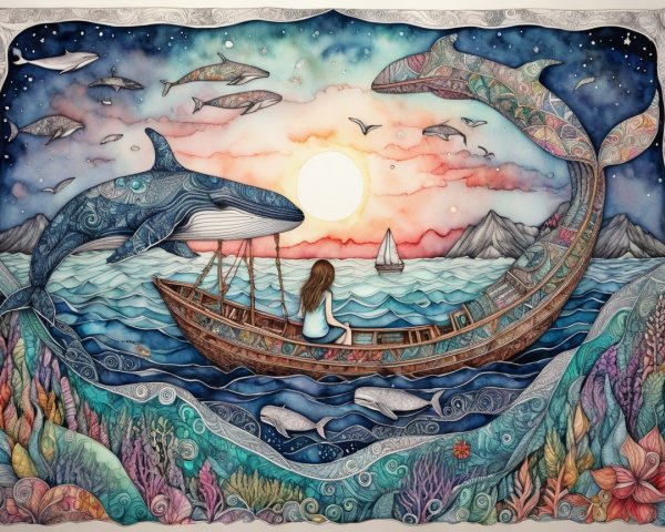Serene Scene of a Girl in a Boat with Whales