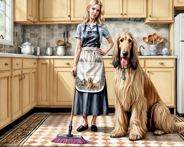 Cozy kitchen with woman, Afghan Hound, and sunlight