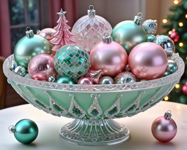 Teal and Pink Christmas Ornaments in Decorative Bowl